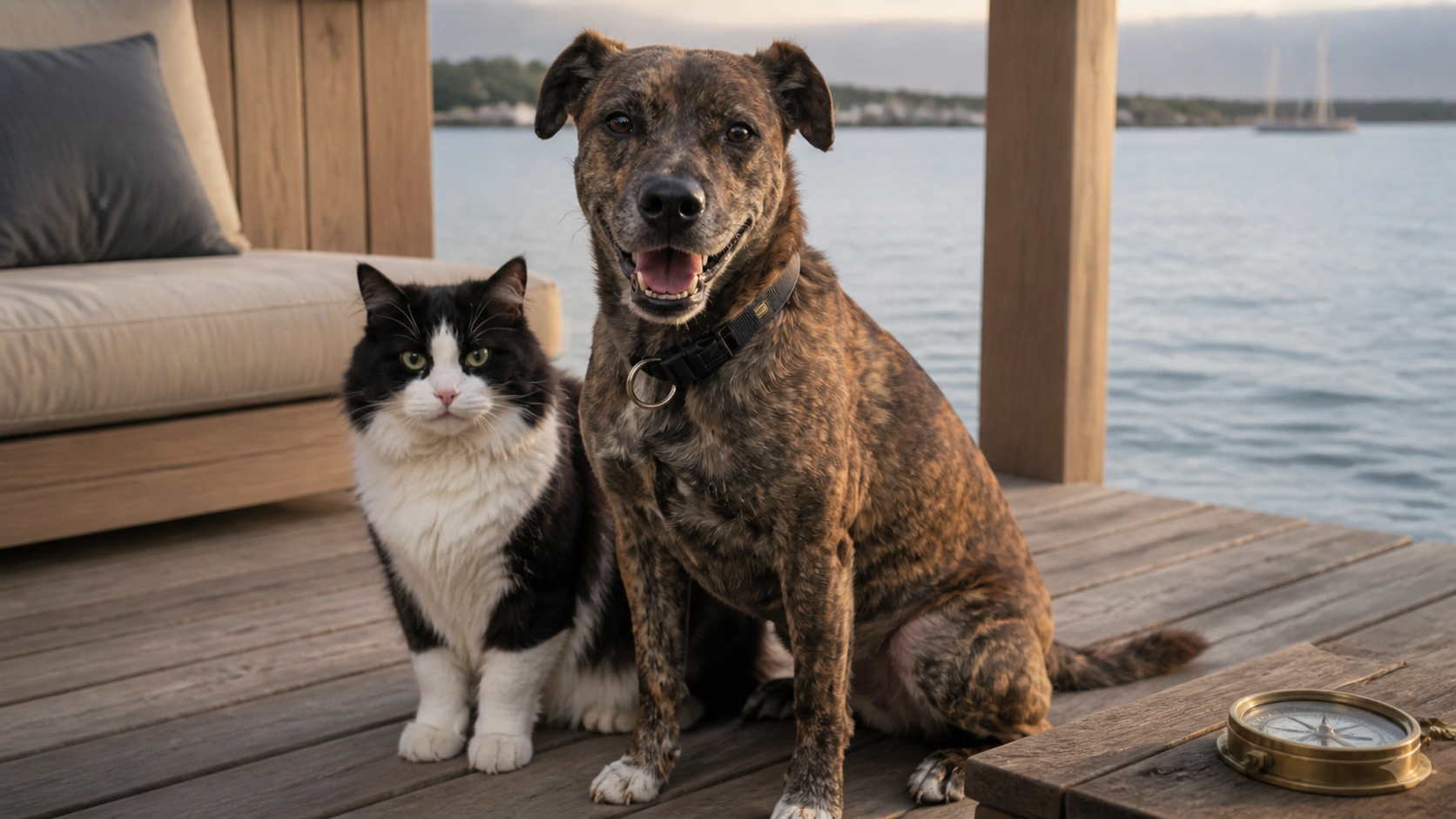Hund und Katze sitzen gemeinsam auf einer Holzterrasse am Wasser